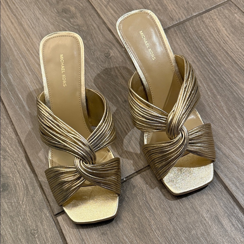 MICHAEL Michael Kors Metallic Gold Knotted Strap Mule Heels - Picture 3 of 10